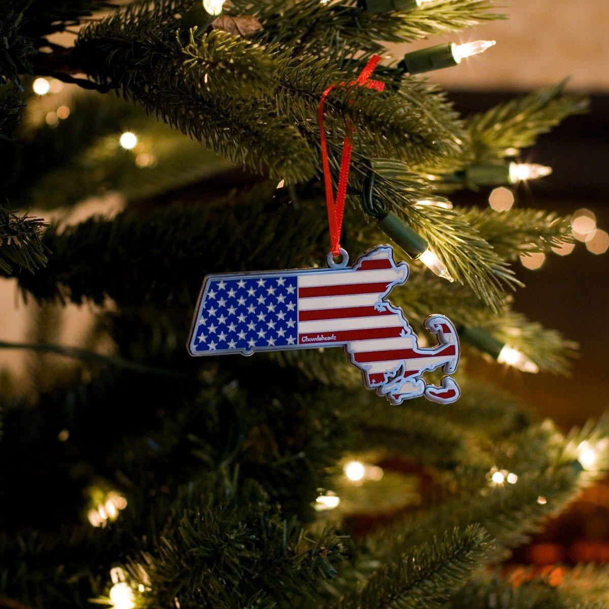 Close-up of Mass America Christmas ornament — design and hanger detail