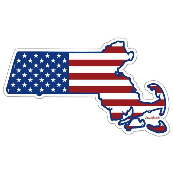 Mass America sticker with Mass-meets-flag design — Massachusetts patriotic sticker