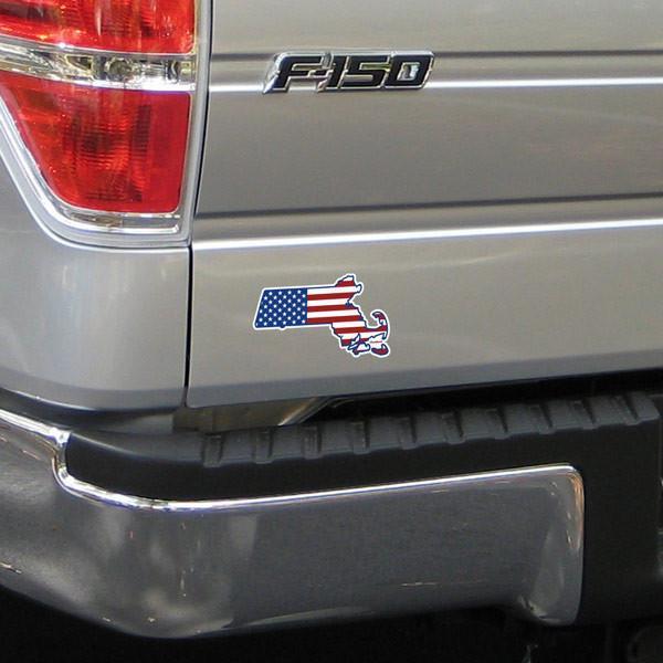 Close-up of Mass America sticker design — Mass and flag detail