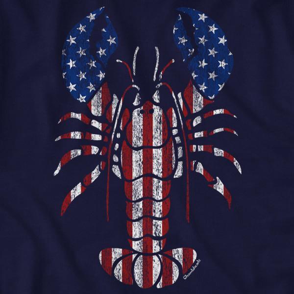 Close-up of Lobstah 'Merica shirt design — patriotic lobster illustration detail