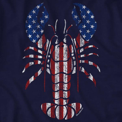 Close-up of Lobstah 'Merica shirt design — patriotic lobster illustration detail