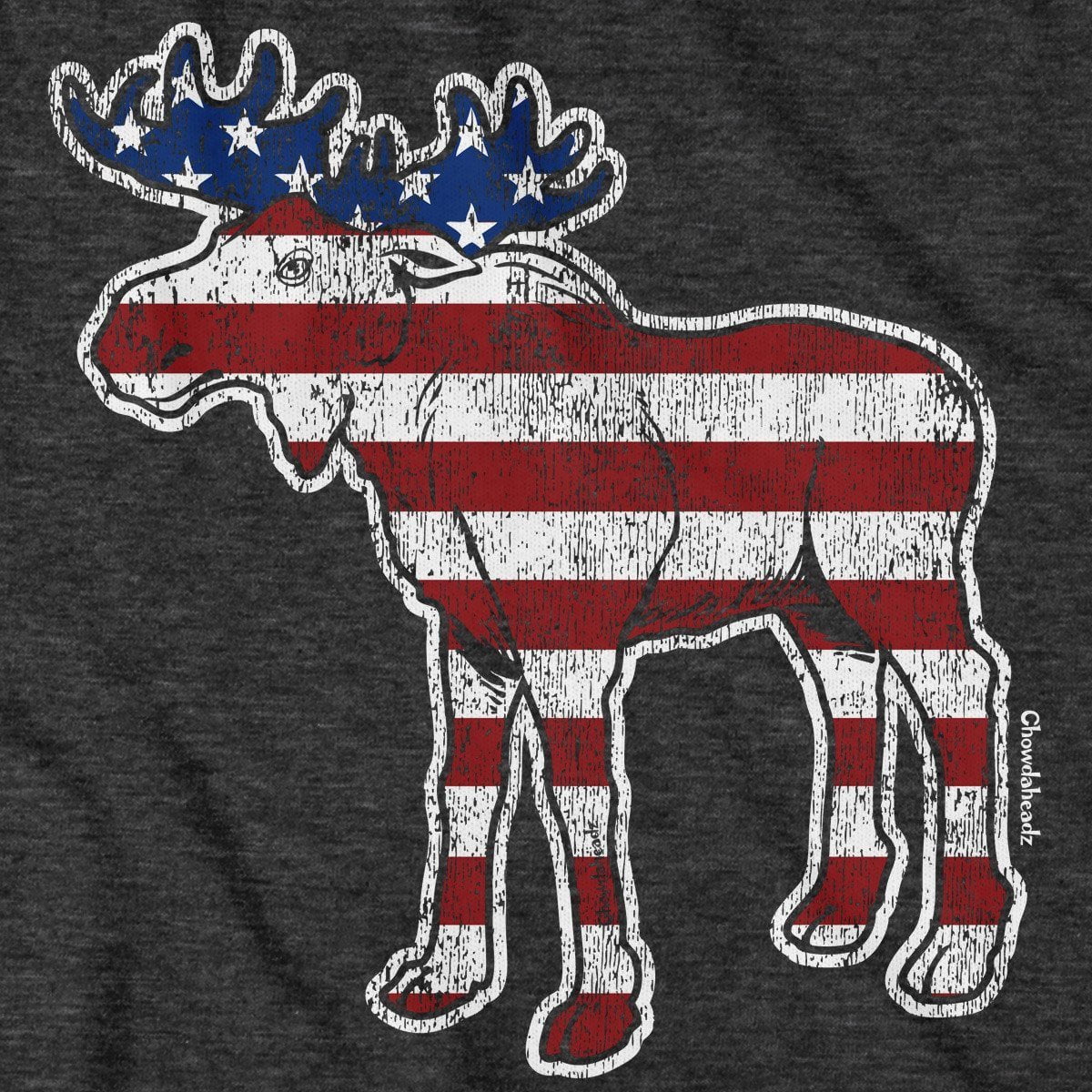 Close-up of ’Merica Moose t-shirt design — patriotic moose illustration