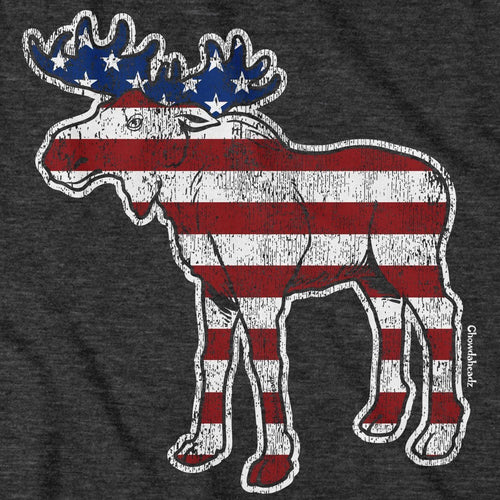 Close-up of ’Merica Moose t-shirt design — patriotic moose illustration
